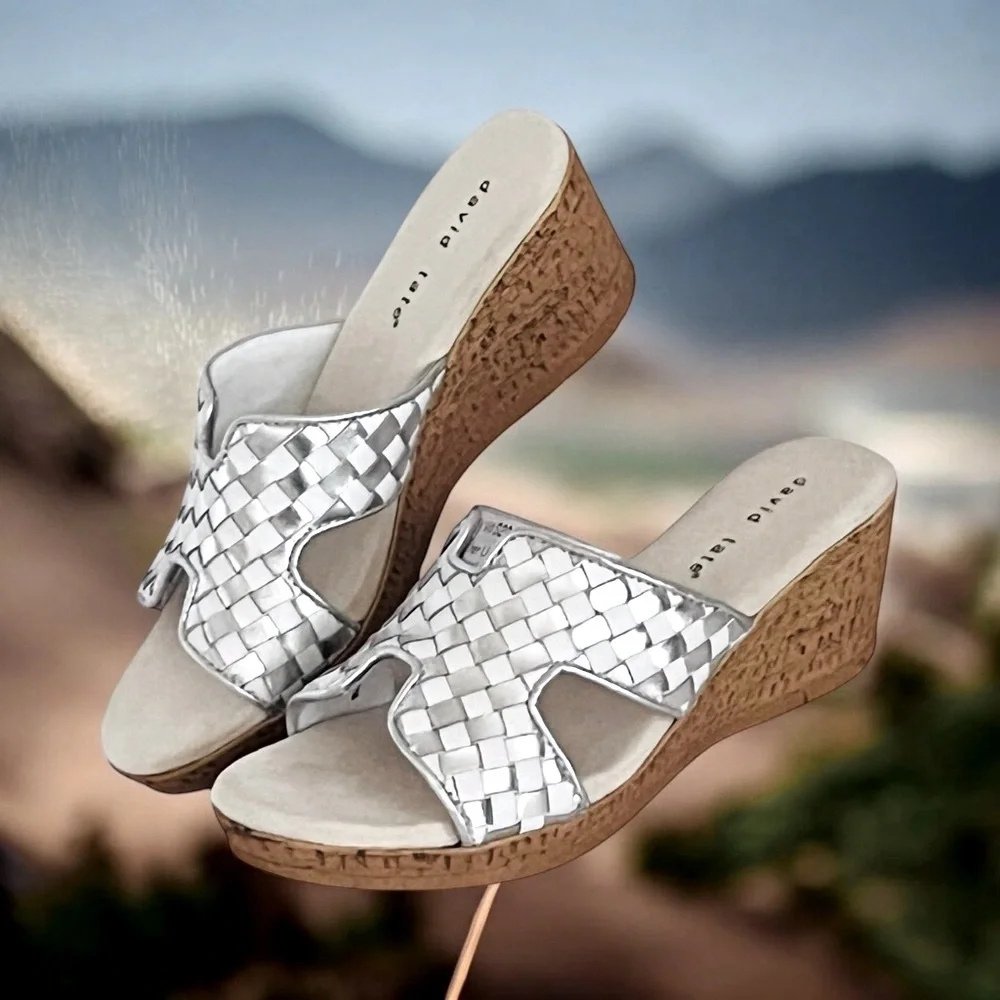David Tate‎ Moderno Slip On Wedges Sandals Leather Upper Open Toe Silver